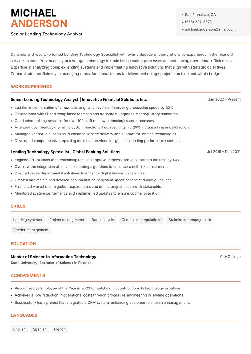 Lending Technology Specialist resume template — Modern Professional
