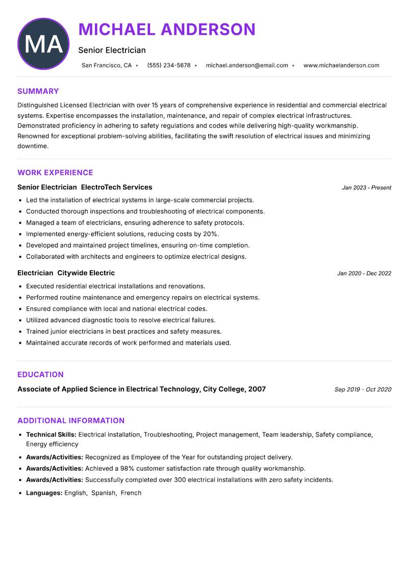Licensed Electrician resume example — ATS-friendly template