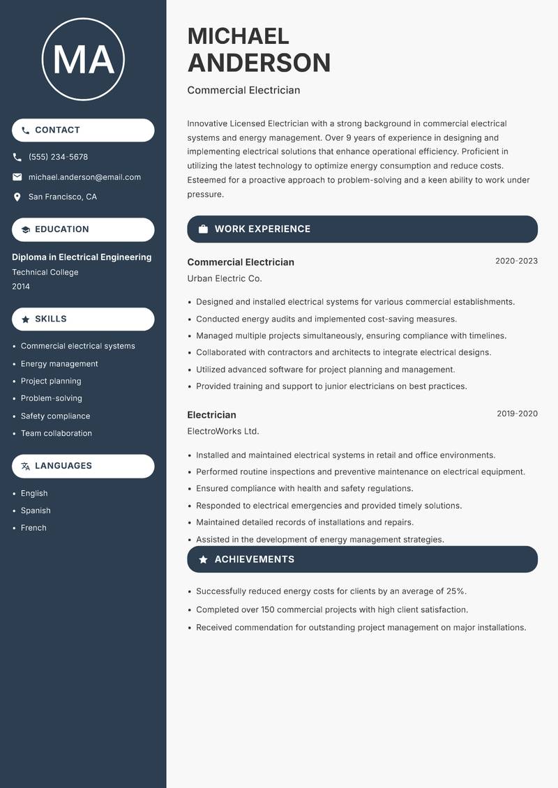 Licensed Electrician resume template — Compact