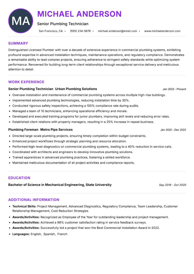 Licensed Plumber resume example — ATS-friendly template
