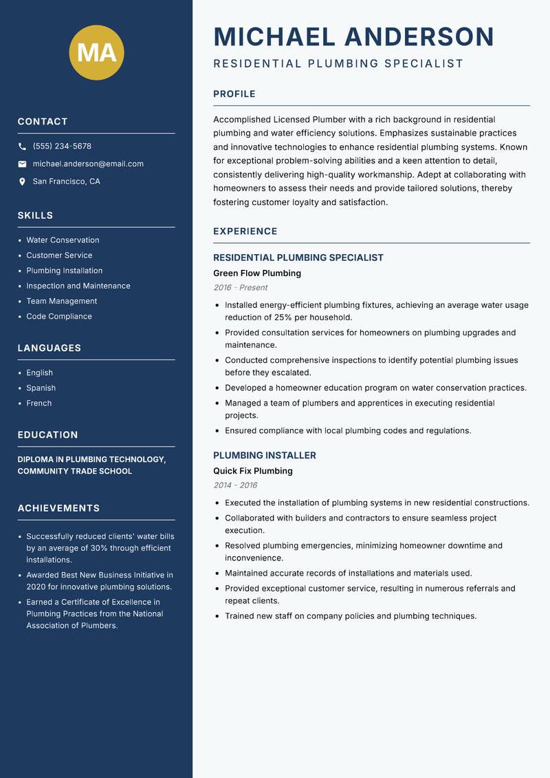 Licensed Plumber resume template — Classic Clean