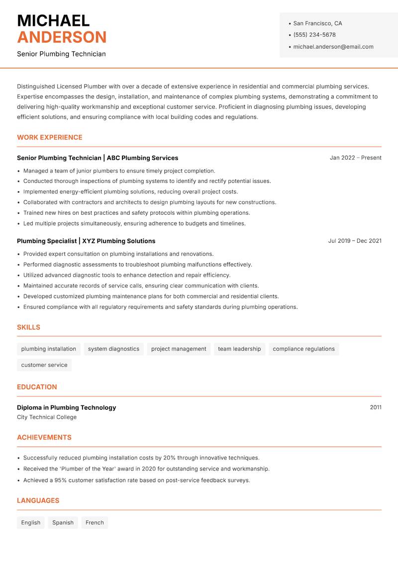 Licensed Plumber resume template — Modern Professional