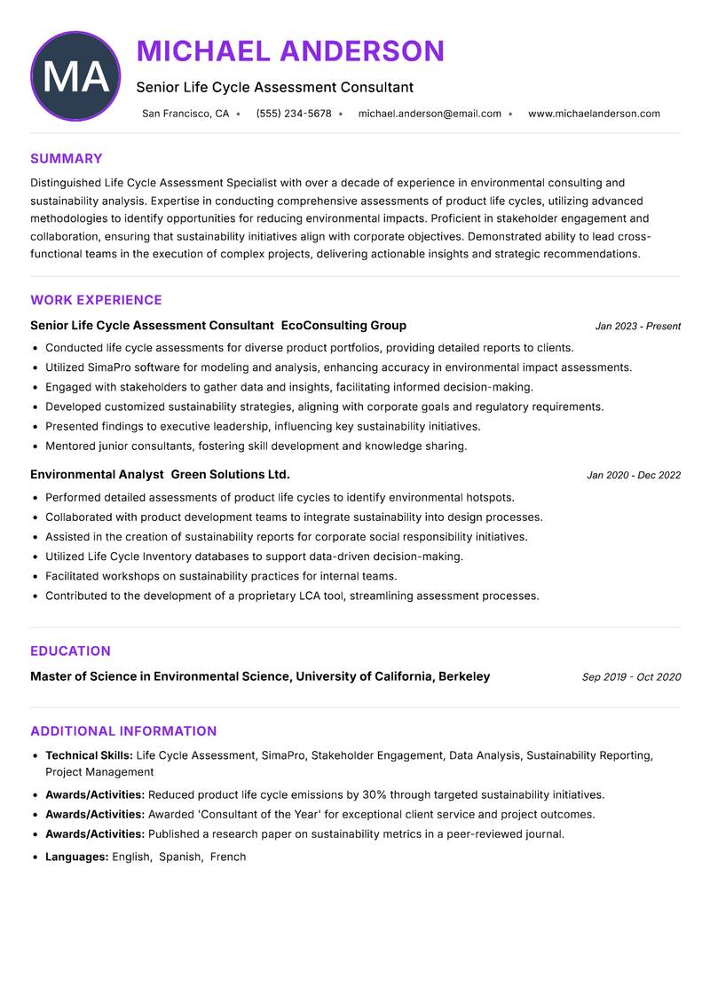 Life Cycle Assessment Specialist resume example — ATS-friendly template