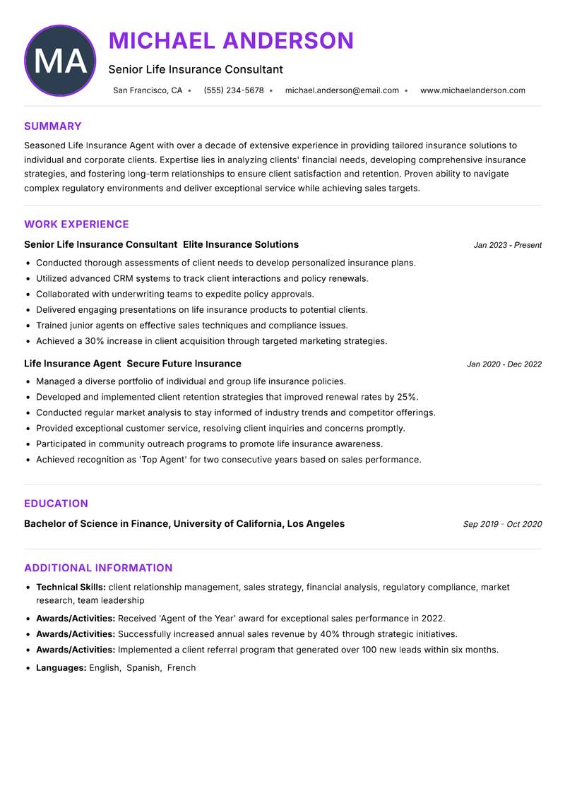 Life Insurance Agent resume example — ATS-friendly template