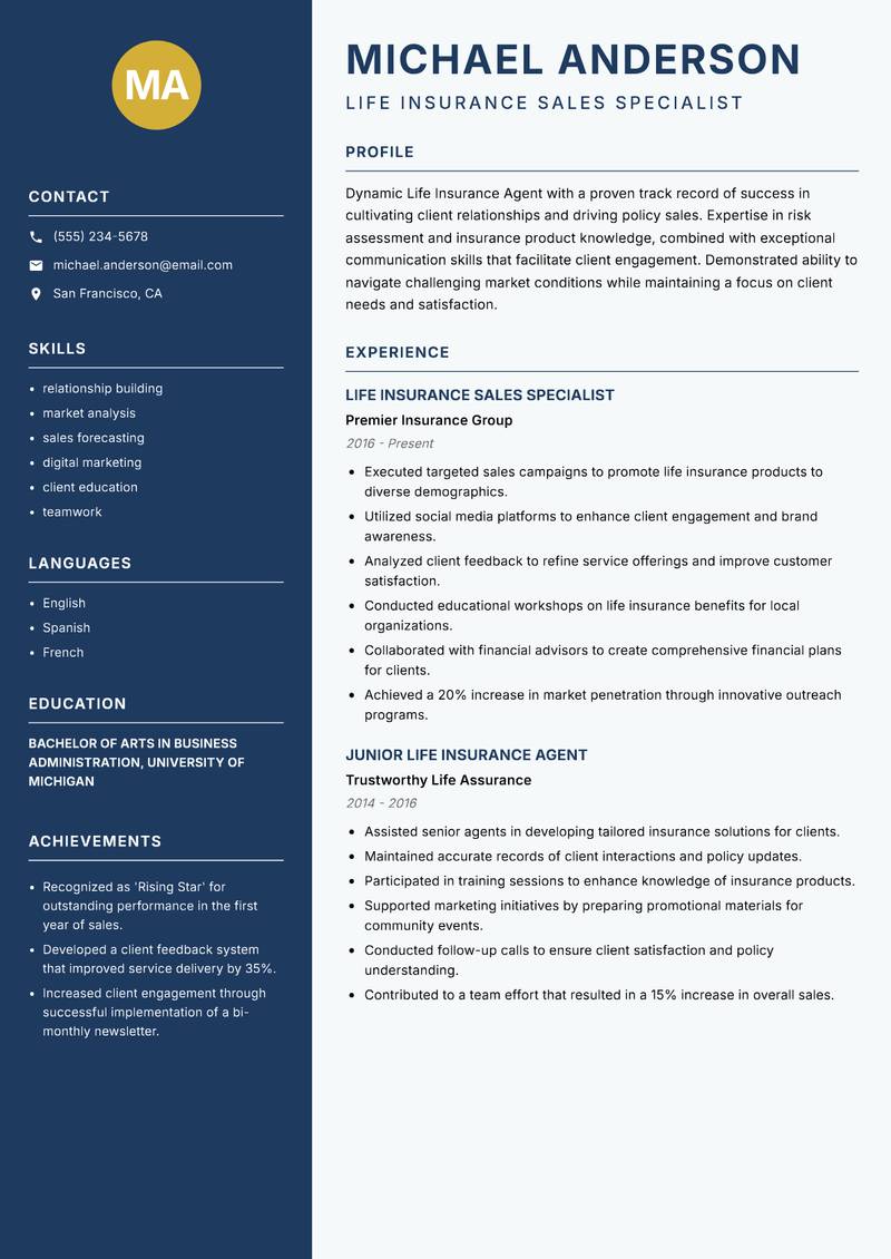 Life Insurance Agent resume template — Classic Clean