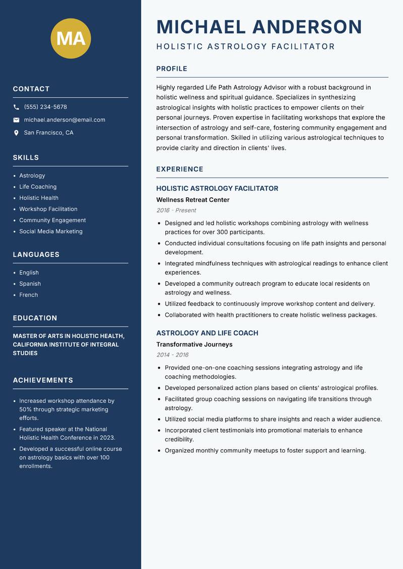 Life Path Astrology Advisor resume template — Classic Clean
