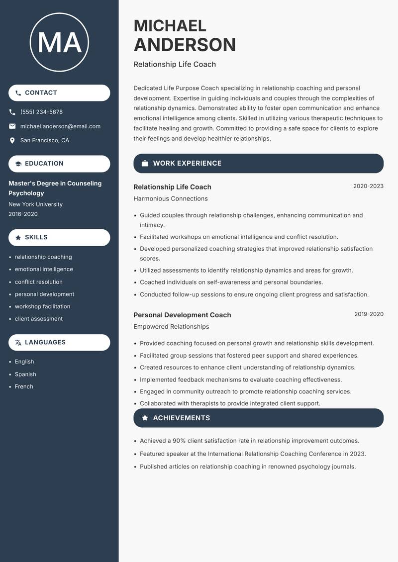 Life Purpose Coach resume template — Compact