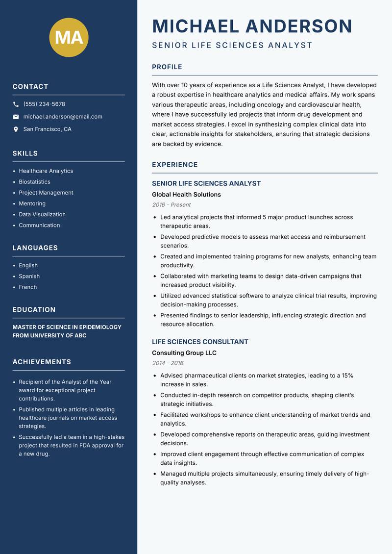 Life Sciences Analyst resume template — Classic Clean