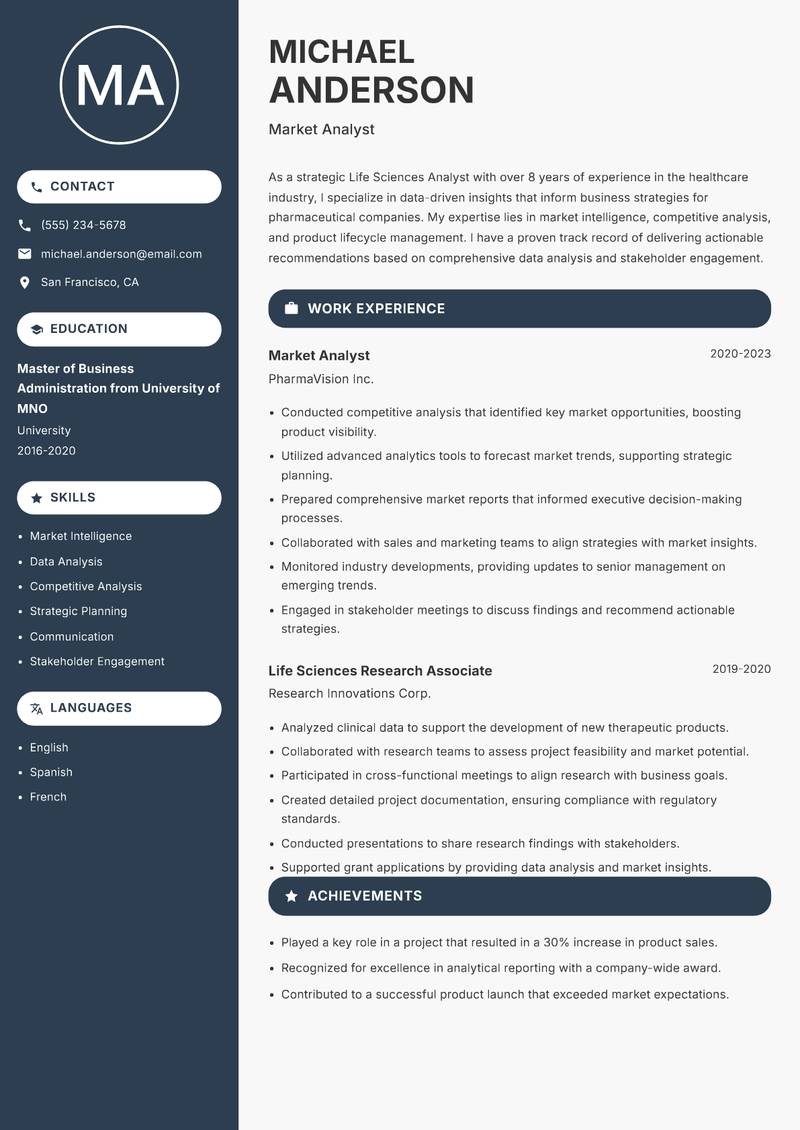 Life Sciences Analyst resume template — Compact