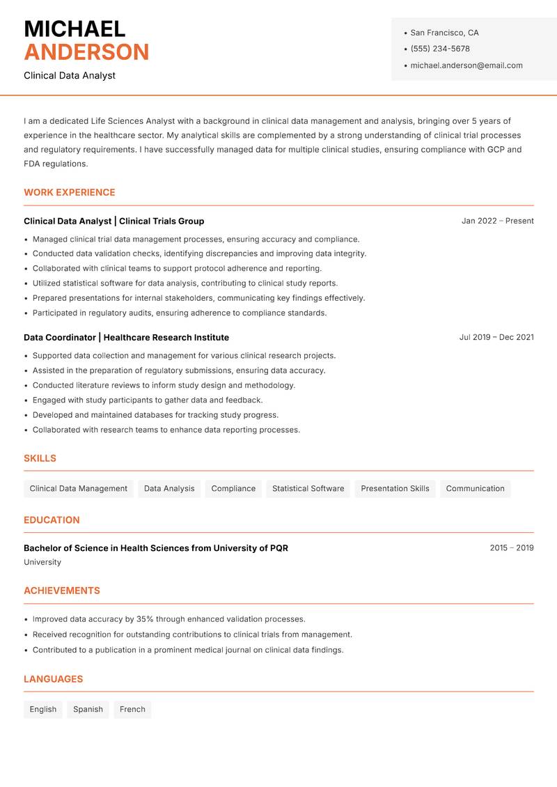 Life Sciences Analyst resume template — Modern Professional