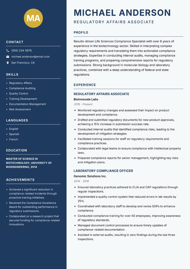 Life Sciences Compliance Specialist resume template — Classic Clean