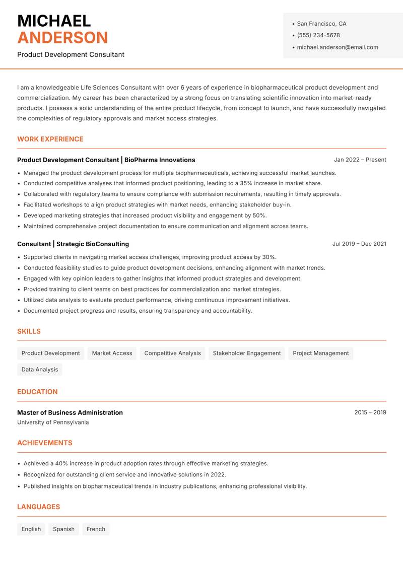 Life Sciences Consultant resume template — Modern Professional