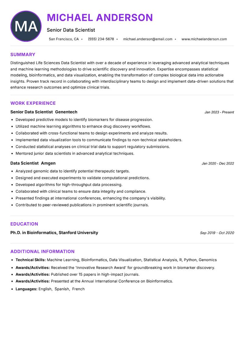 Life Sciences Data Scientist resume example — ATS-friendly template