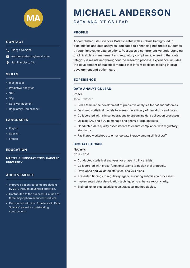 Life Sciences Data Scientist resume template — Classic Clean