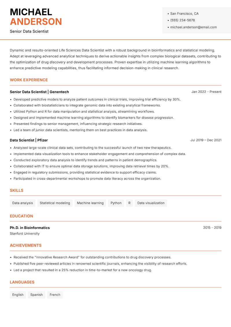 Life Sciences Data Scientist resume template — Modern Professional