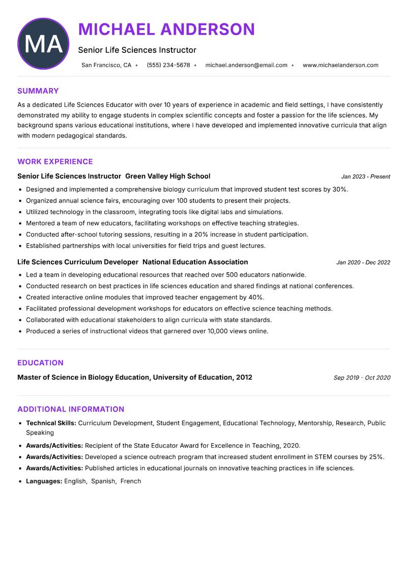 Life Sciences Educator resume example — ATS-friendly template