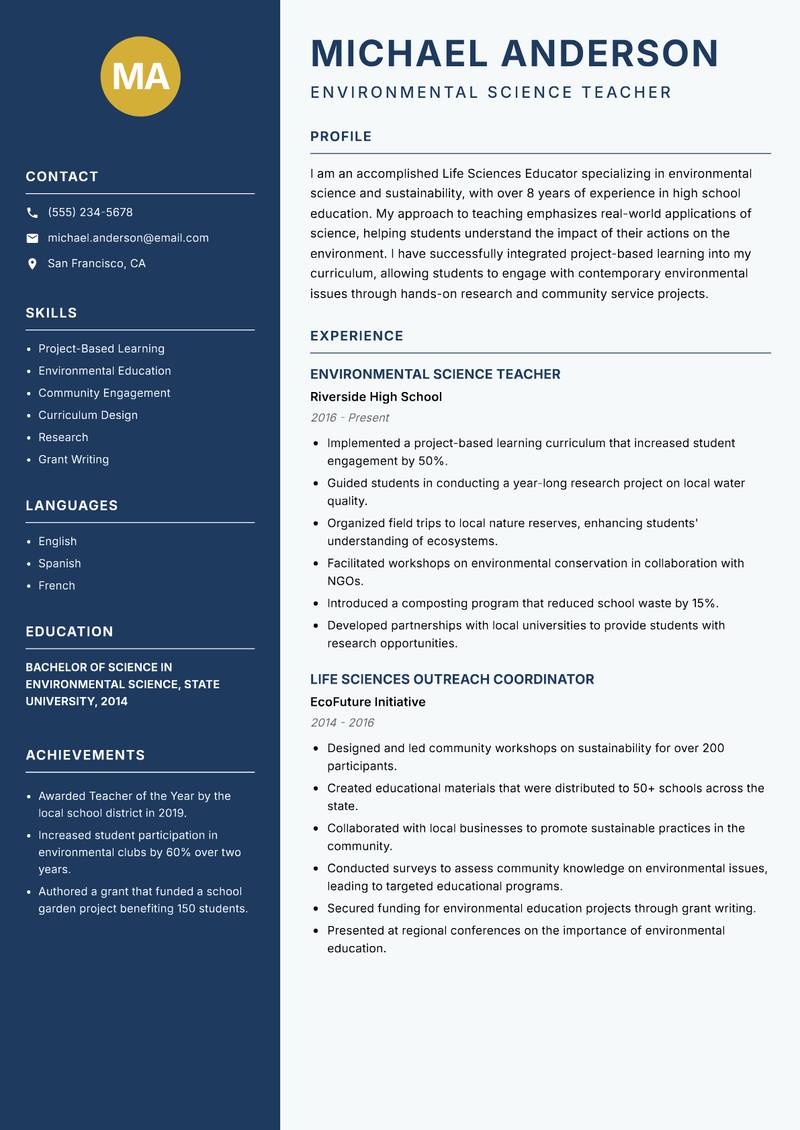 Life Sciences Educator resume template — Classic Clean