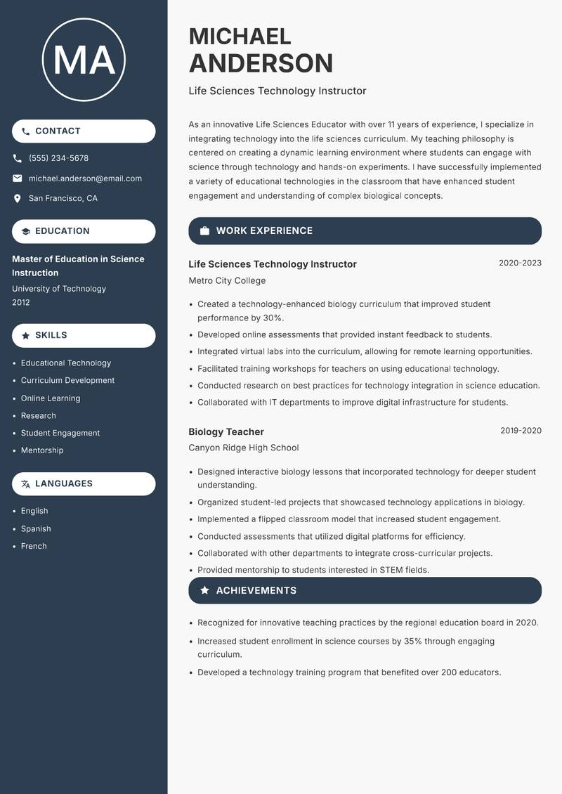Life Sciences Educator resume template — Compact