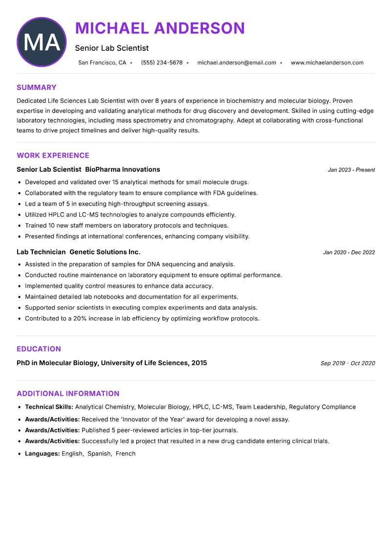 Life Sciences Lab Scientist resume example — ATS-friendly template