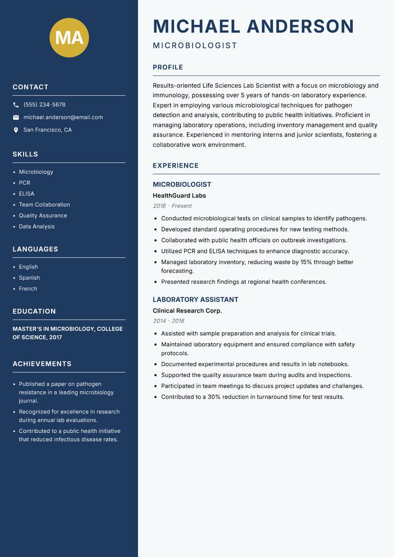 Life Sciences Lab Scientist resume template — Classic Clean