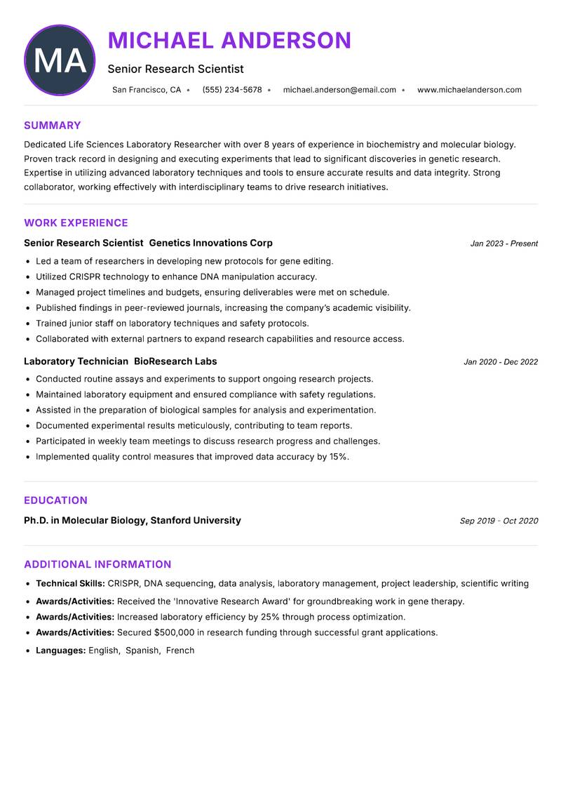 Life Sciences Laboratory Researcher resume example — ATS-friendly template