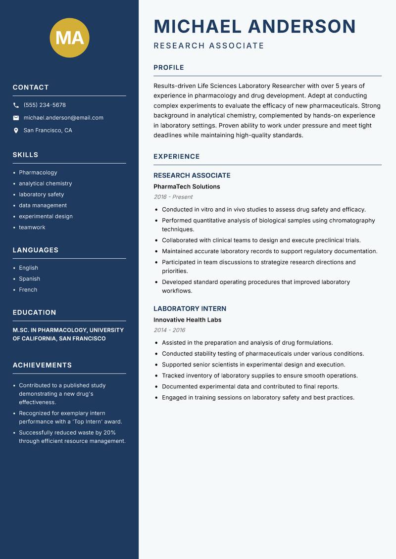 Life Sciences Laboratory Researcher resume template — Classic Clean
