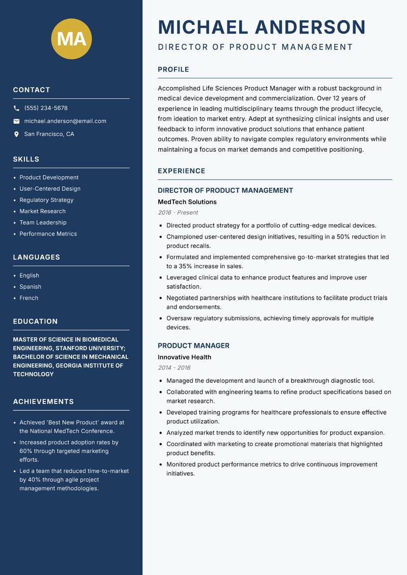 Life Sciences Product Manager resume template — Classic Clean