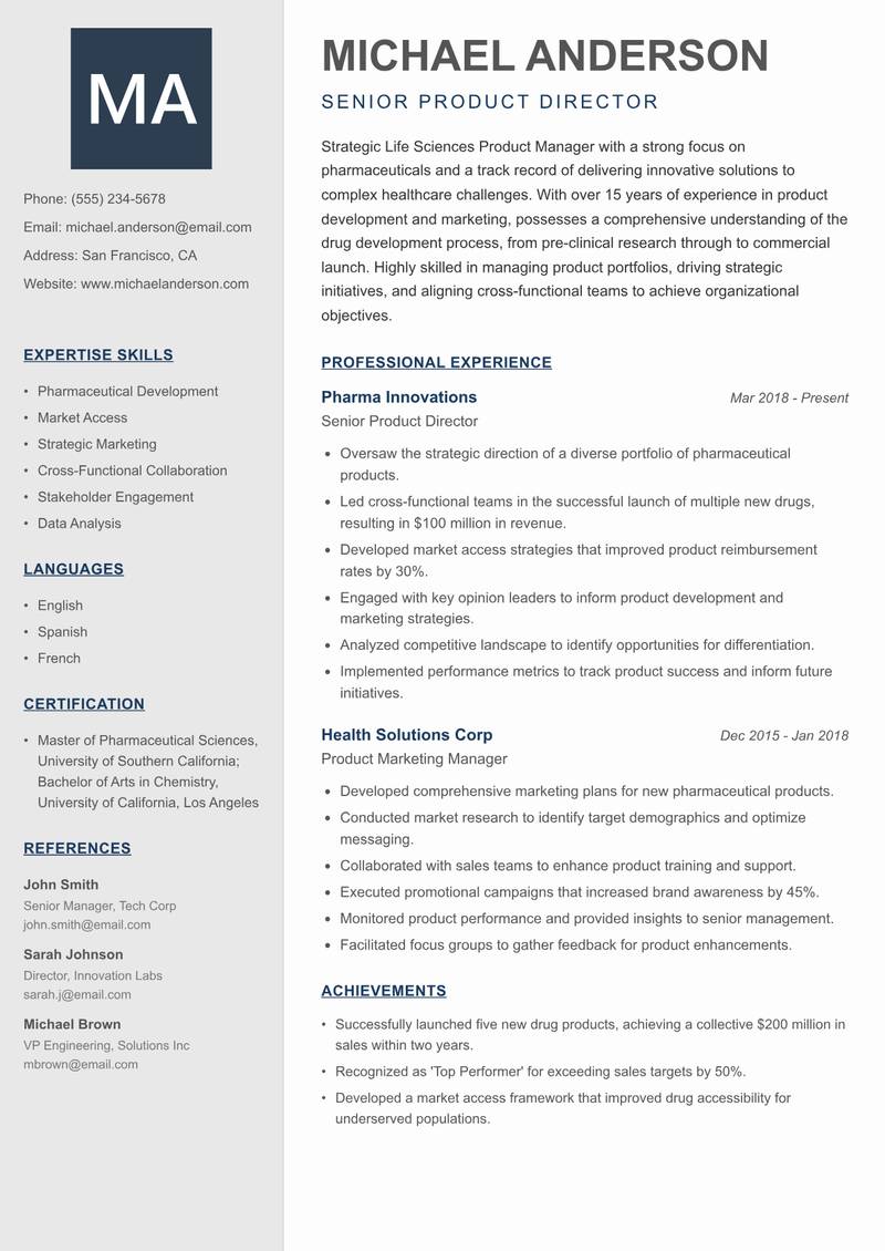 Life Sciences Product Manager resume template — Creative Minimal