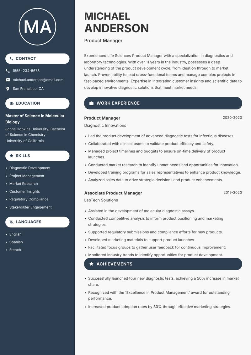 Life Sciences Product Manager resume template — Compact
