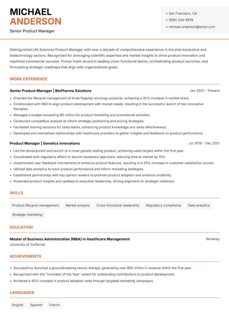 Life Sciences Product Manager resume template — Modern Professional
