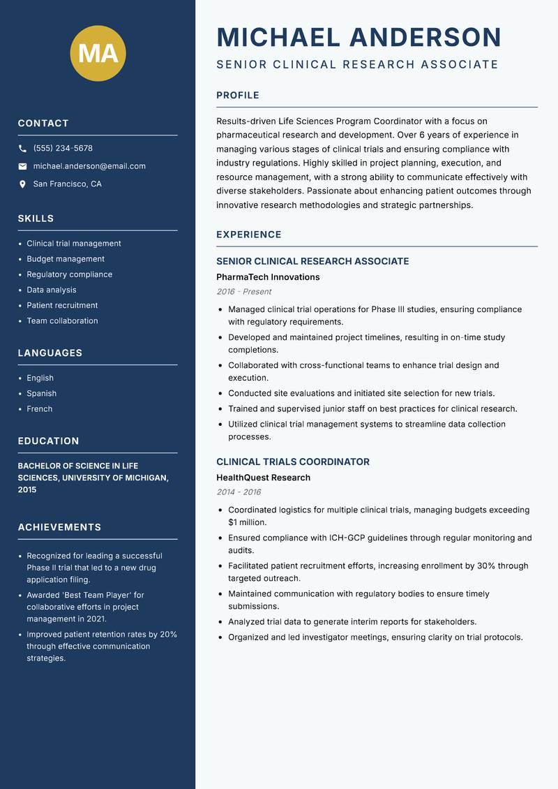 Life Sciences Program Coordinator resume template — Classic Clean