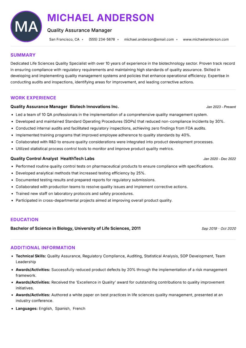 Life Sciences Quality Specialist resume example — ATS-friendly template