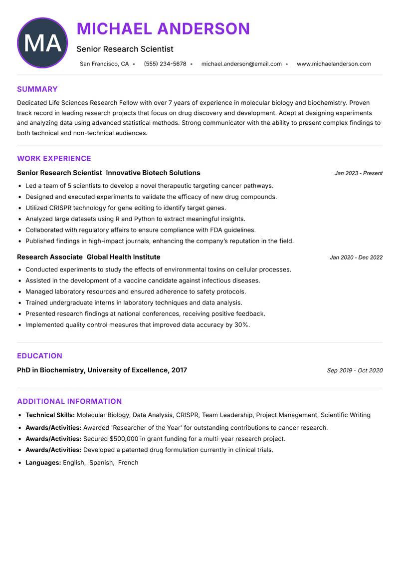 Life Sciences Research Fellow resume example — ATS-friendly template