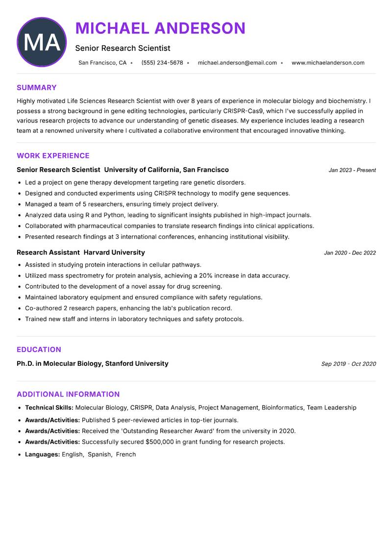 Life Sciences Research Scientist resume example — ATS-friendly template