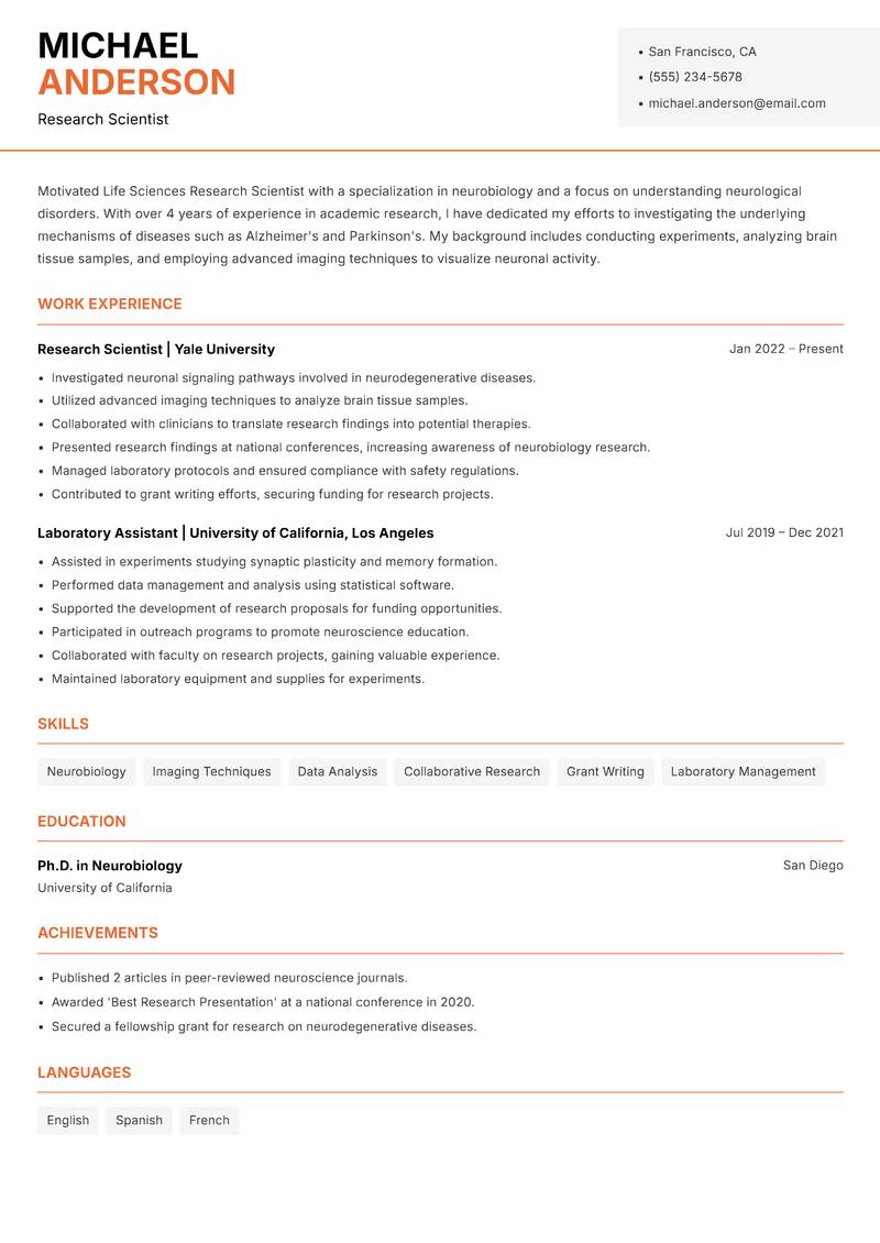Life Sciences Research Scientist resume template — Modern Professional