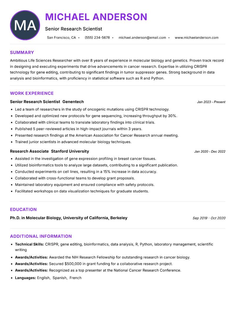 Life Sciences Researcher resume example — ATS-friendly template