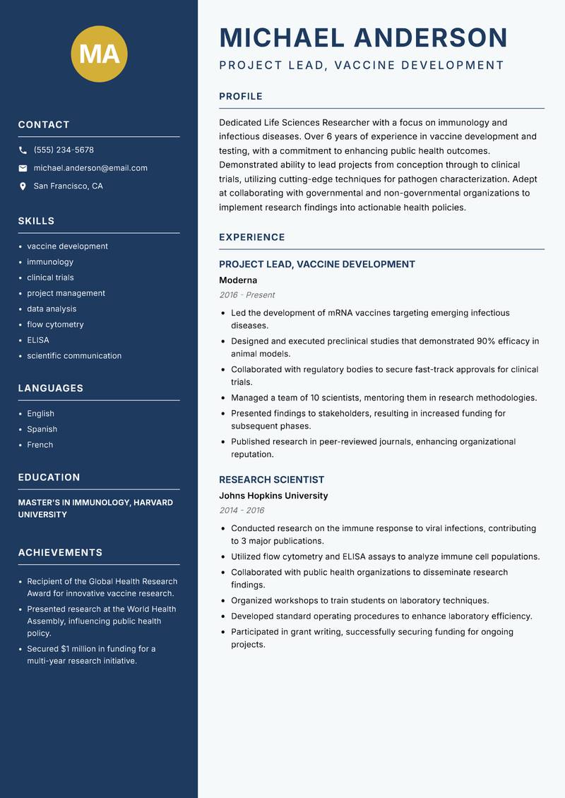 Life Sciences Researcher resume template — Classic Clean