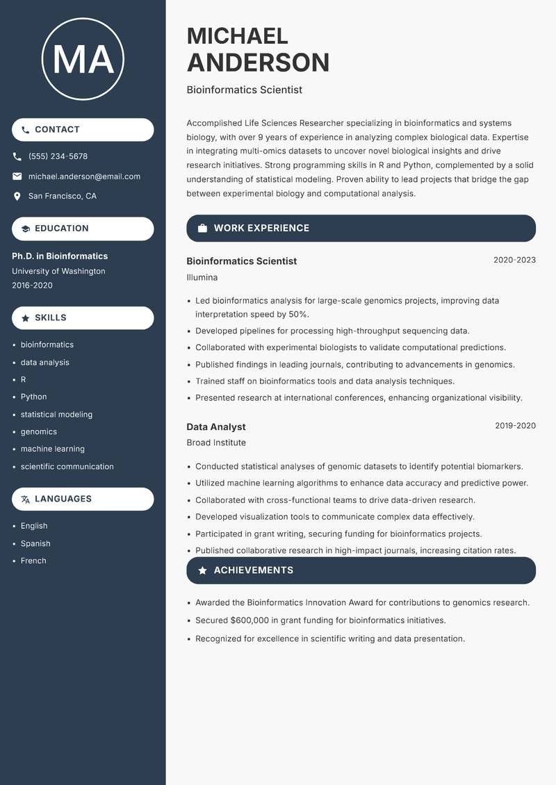 Life Sciences Researcher resume template — Compact
