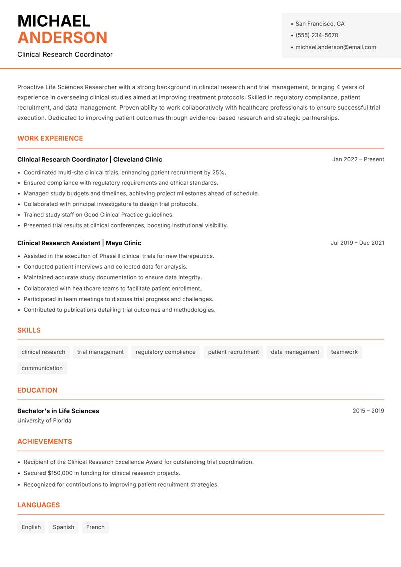 Life Sciences Researcher resume template — Modern Professional