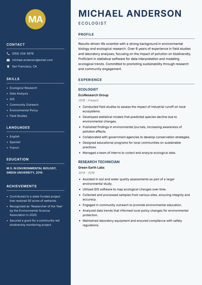 Life Scientist resume template — Classic Clean