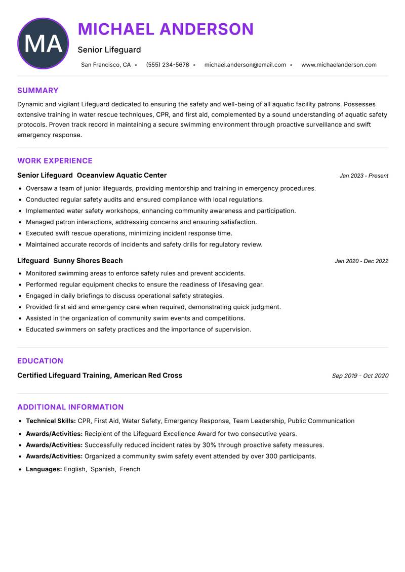 Lifeguard resume example — ATS-friendly template
