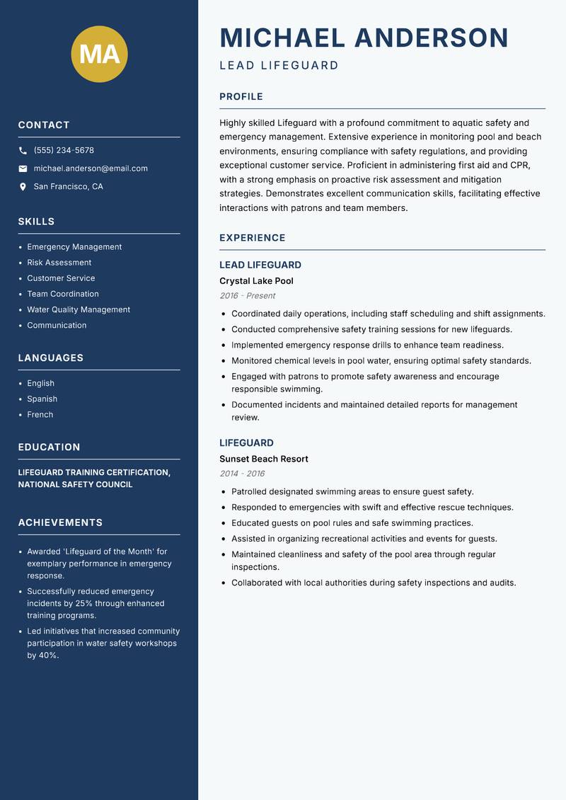 Lifeguard resume template — Classic Clean