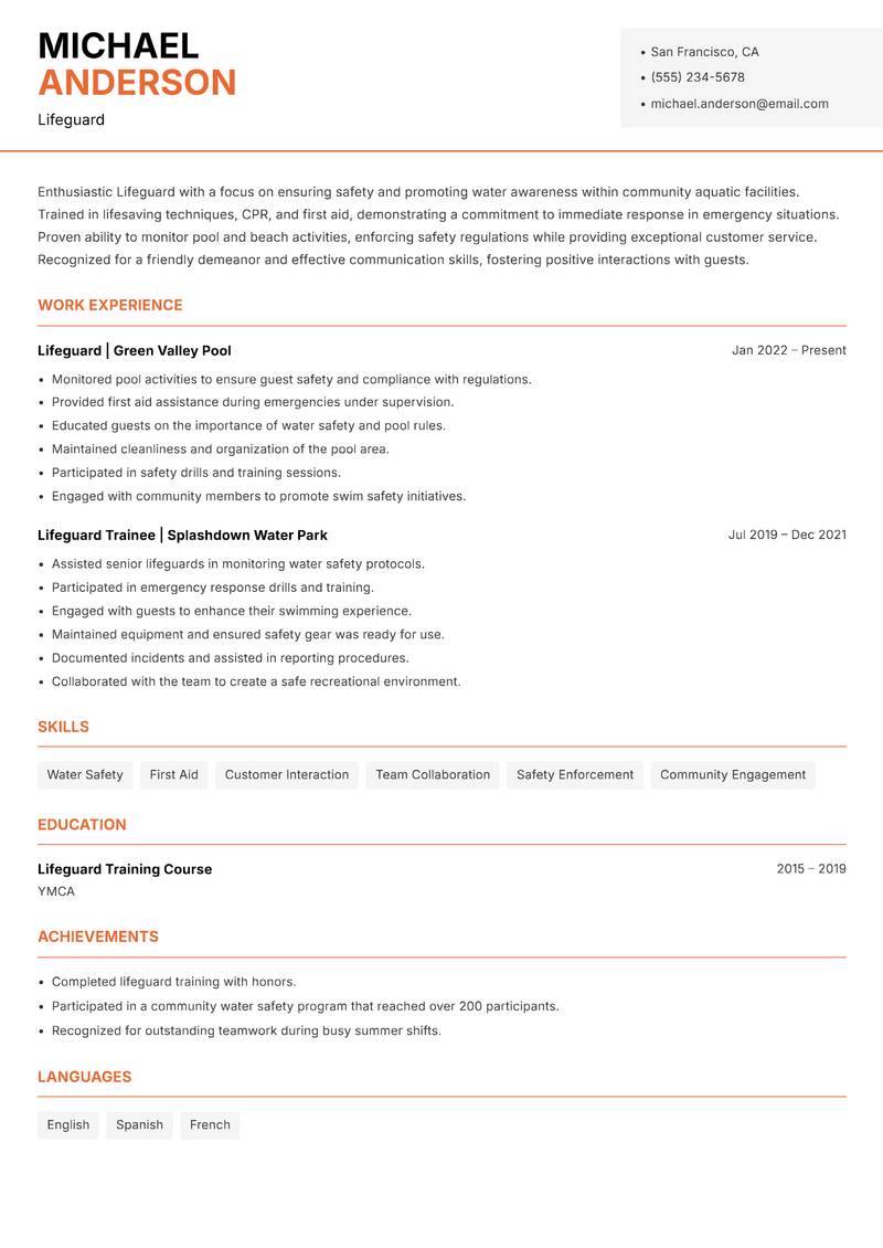 Lifeguard resume template — Modern Professional