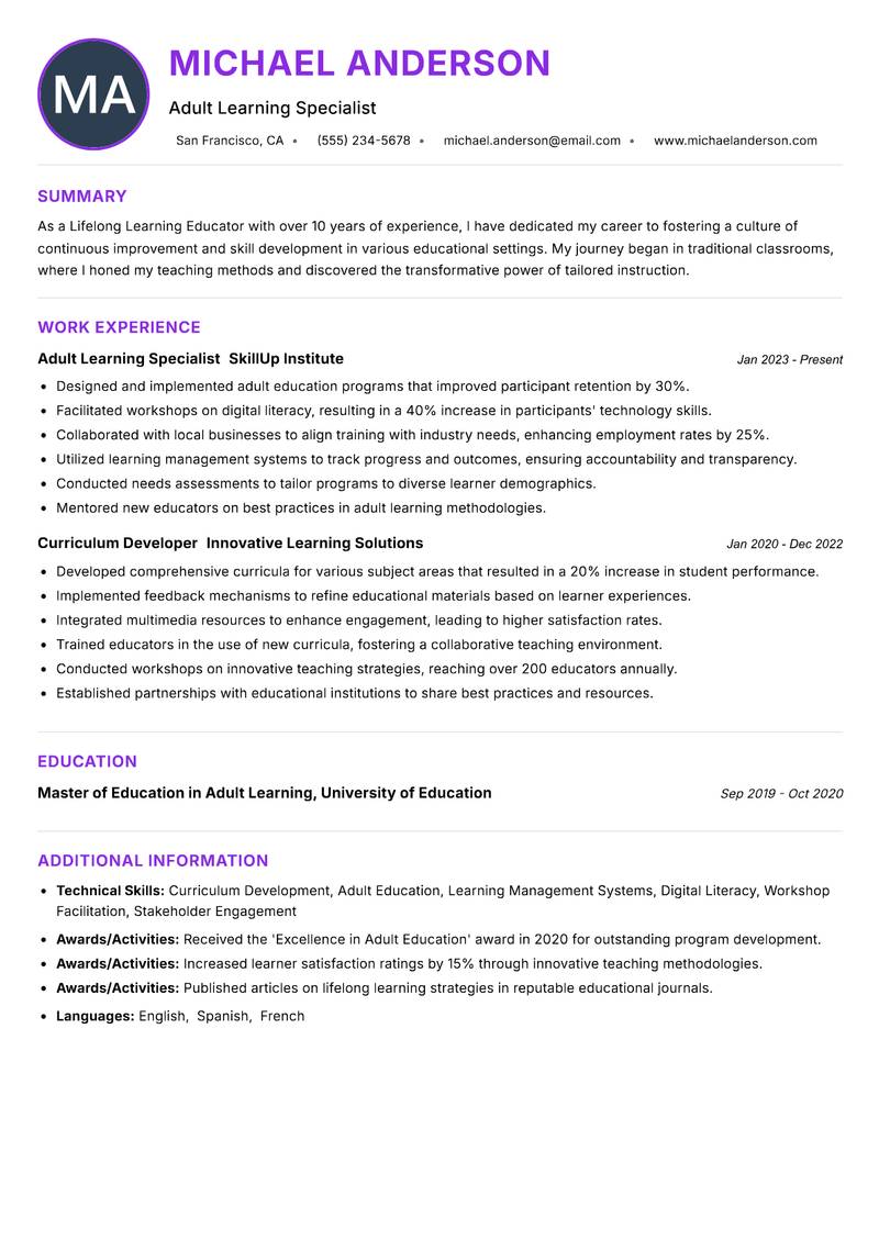 Lifelong Learning Educator resume example — ATS-friendly template