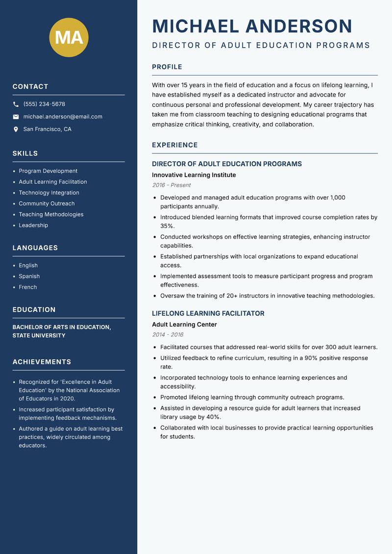 Lifelong Learning Instructor resume template — Classic Clean