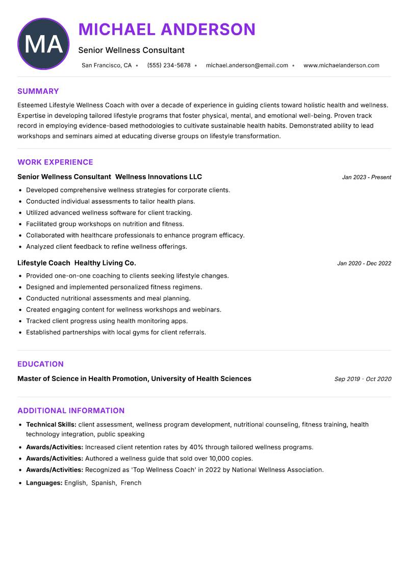 Lifestyle Wellness Coach resume example — ATS-friendly template