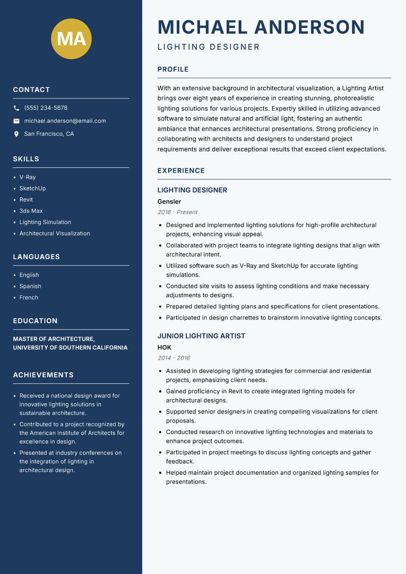 Lighting Artist resume template — Classic Clean