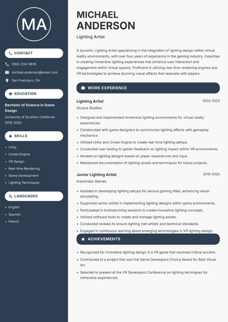 Lighting Artist resume template — Compact