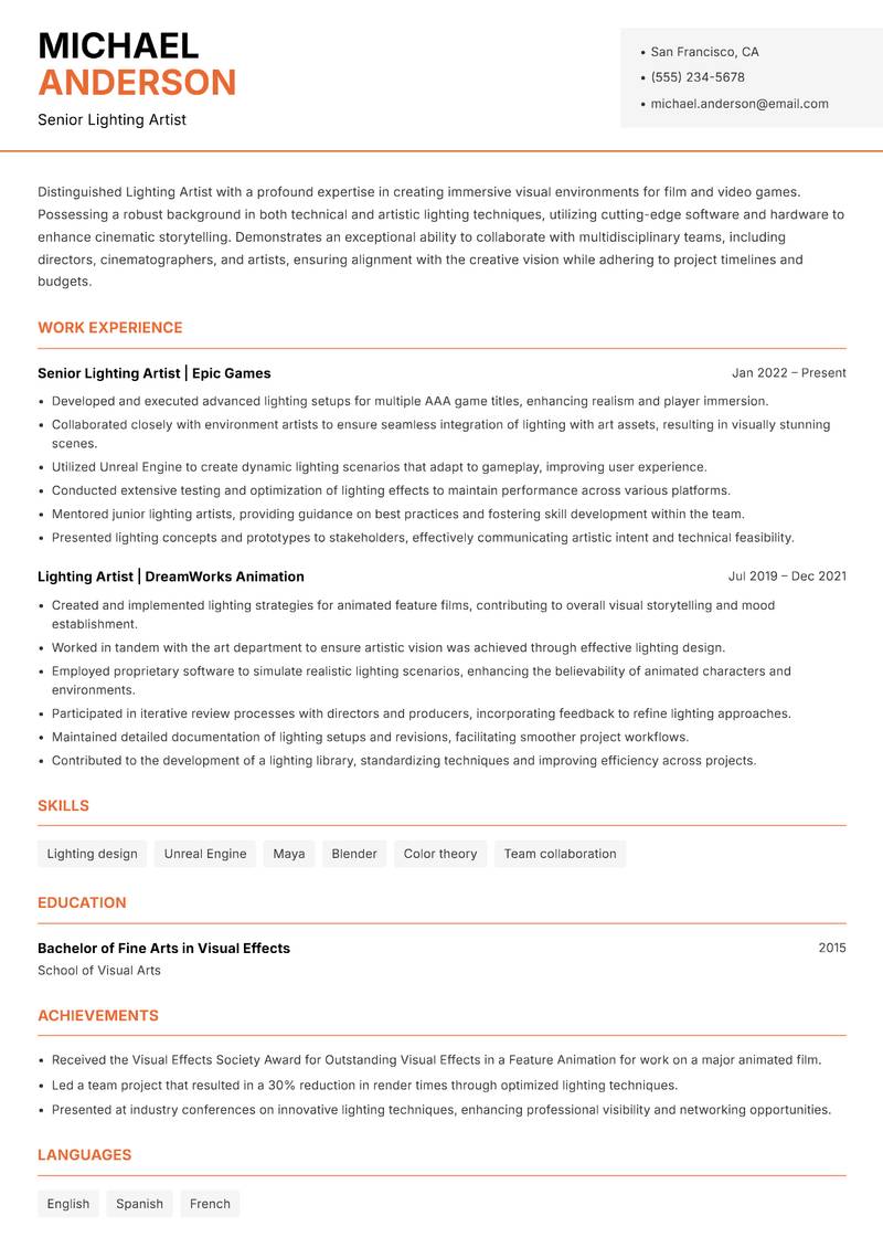 Lighting Artist resume template — Modern Professional