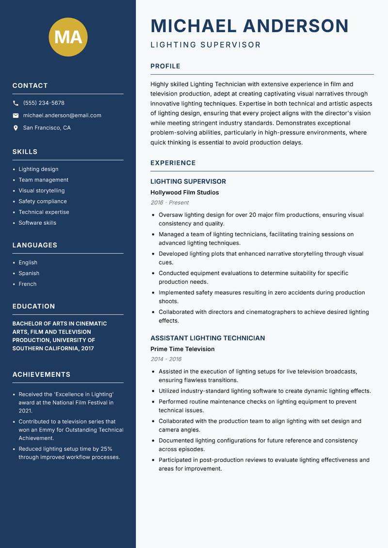 Lighting Technician resume template — Classic Clean